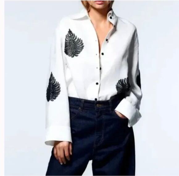 Zara Tops - Zara Beaded Linen Button-Down Shirt. 100% linen.  Size XL.